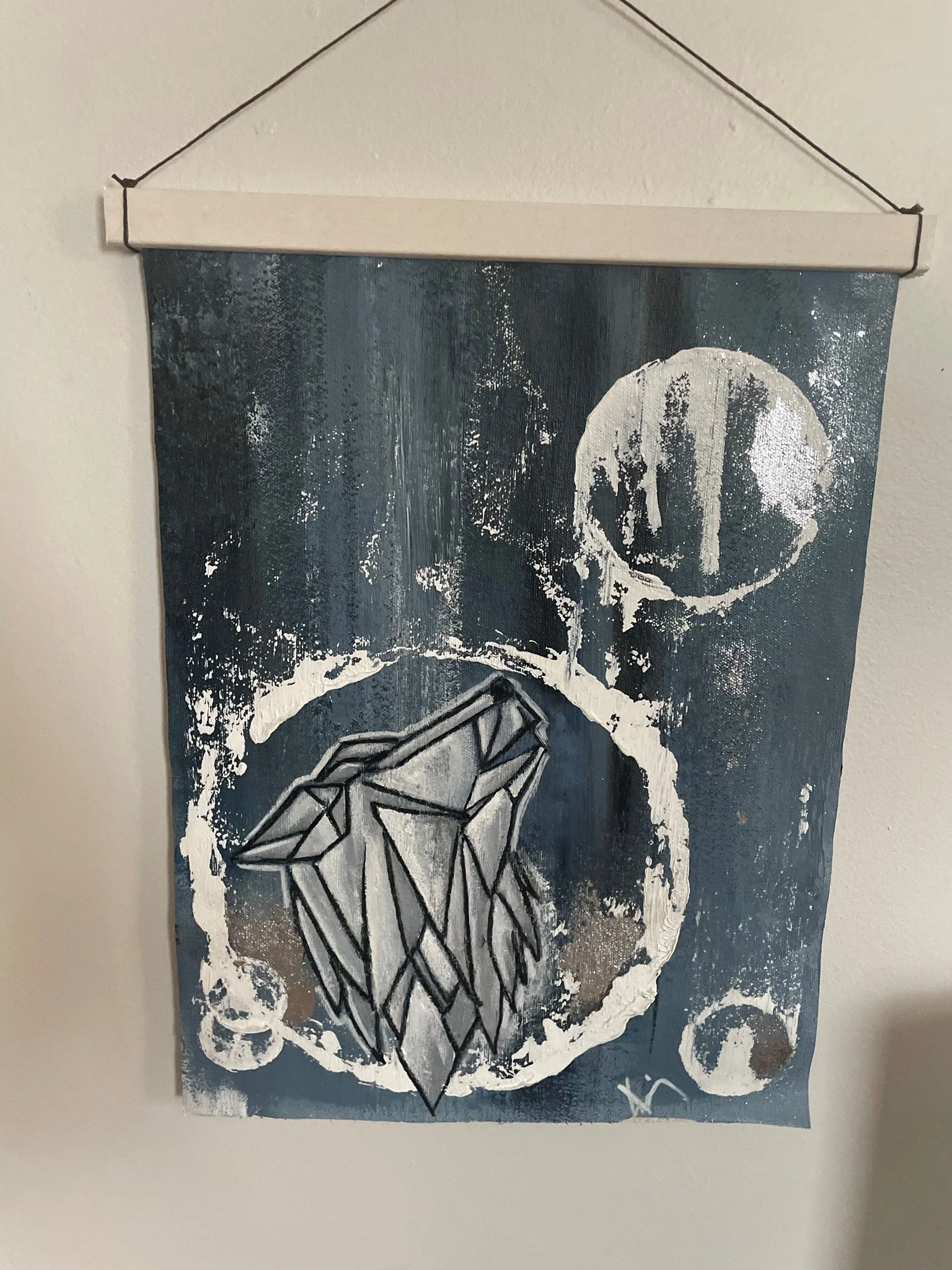 A painting of a diamond surrounded by a white circular splash, with a dark, textured background.