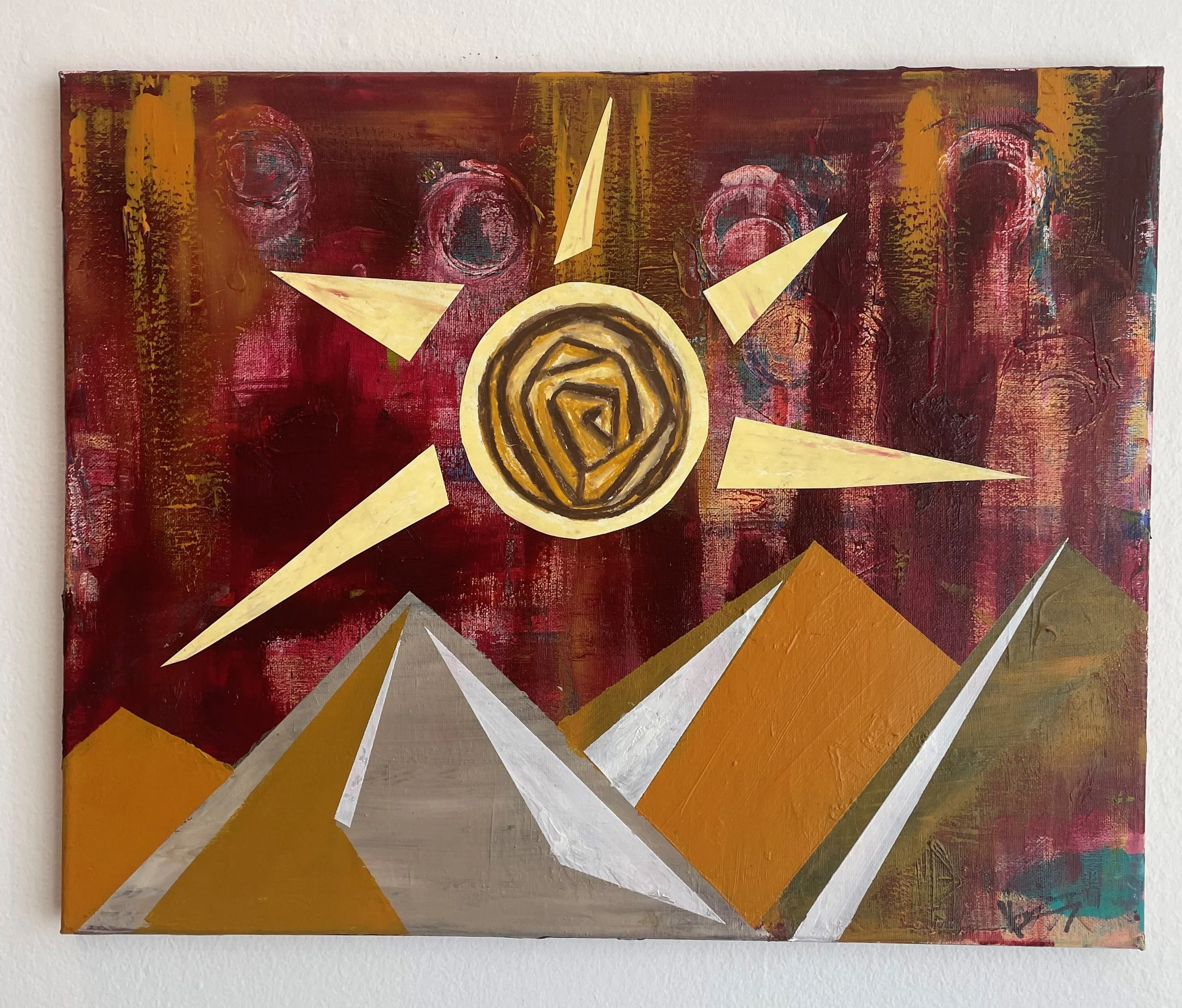Abstract painting with a red background, featuring circular shapes, yellow triangles, and white rays, with a textured, layered appearance.