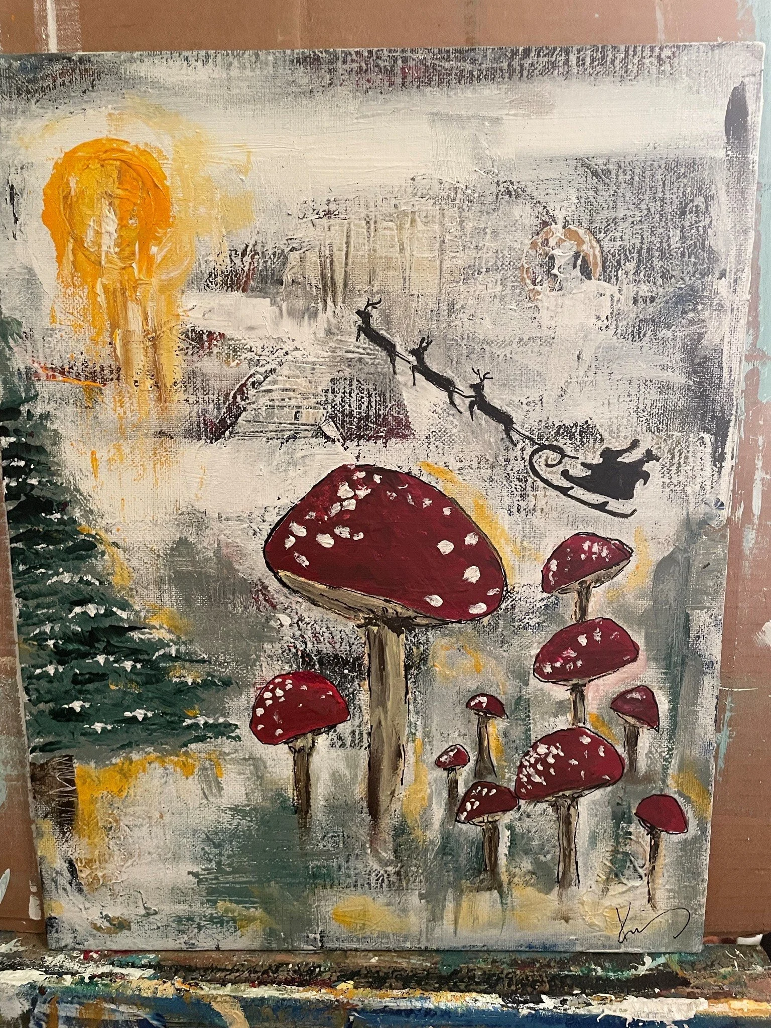 An abstract painting of a winter scene with red mushrooms in the foreground, a snowy background, a snowman, and trees on the sides, signed in the bottom right corner.