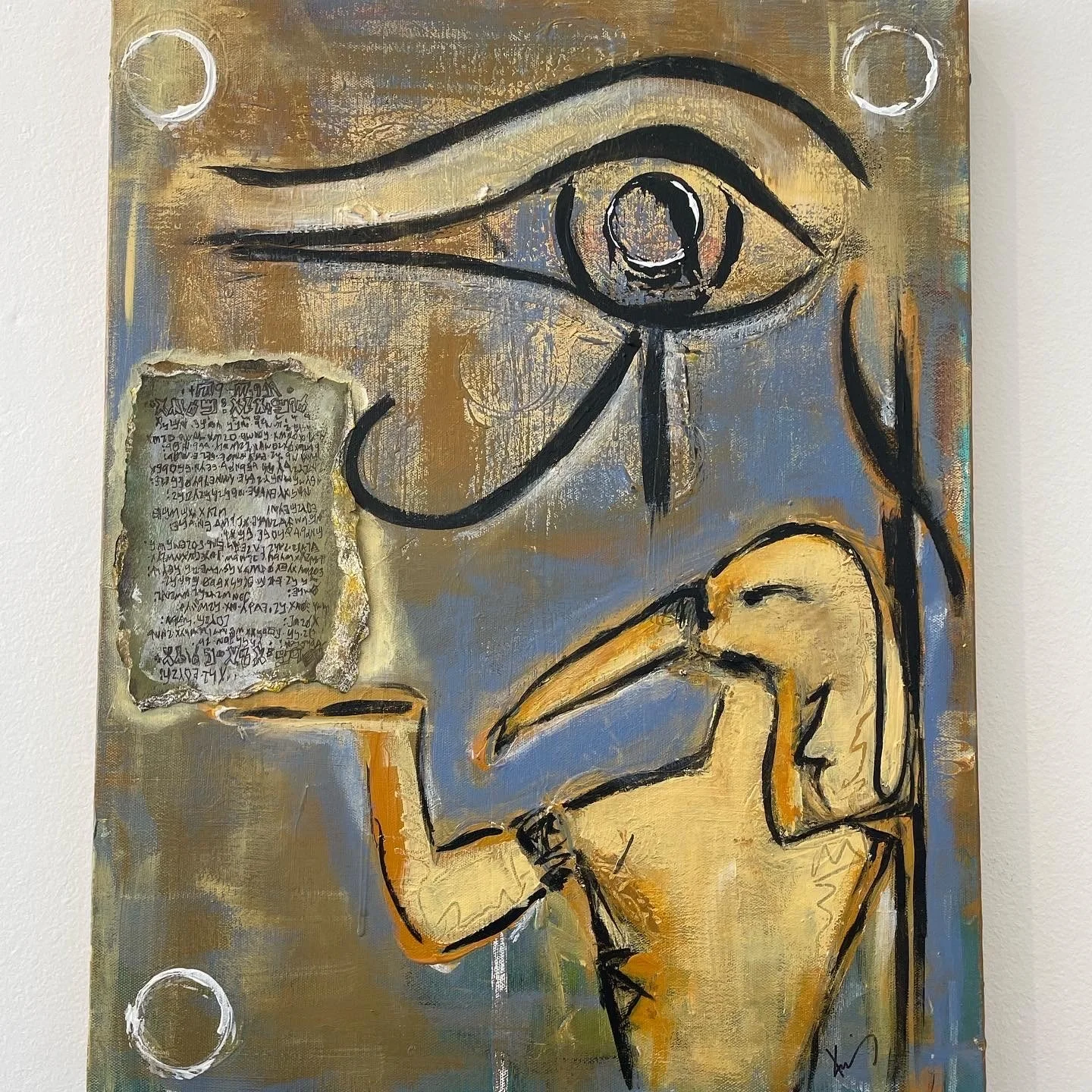 Abstract painting depicting a large eye at the top, a yellow figure with bent knee reading a book or tablet, and torn piece of text on the left, with a mixed color background.
