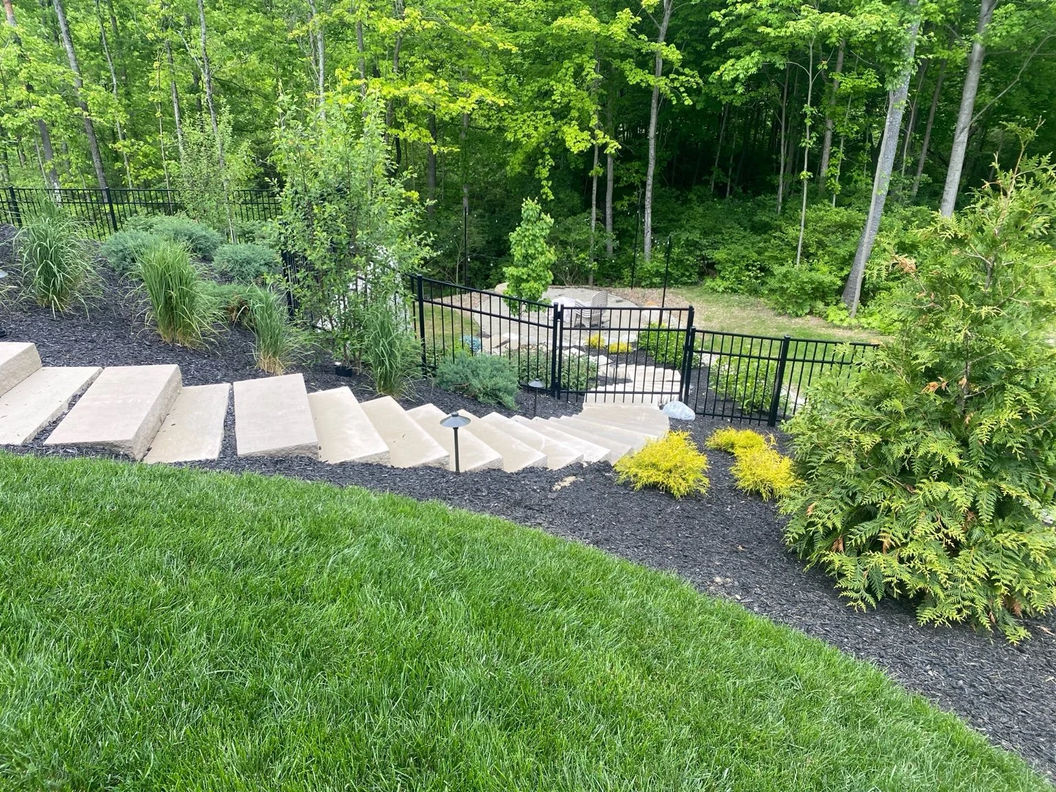 Outdoor garden with stone steps, lush green grass, and shrubs, bordered by a black metal fence, leading to a wooded area.