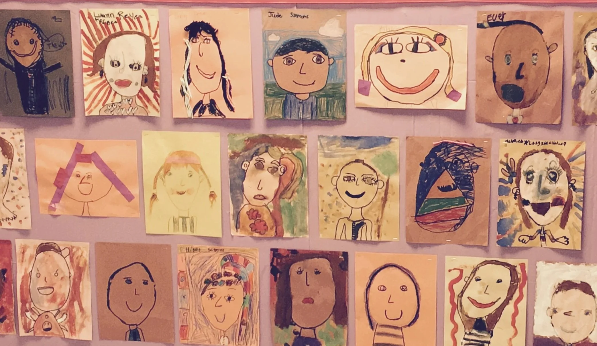 Second grade self portraits, mixed media