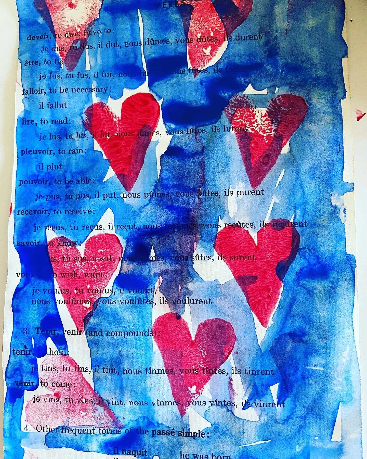 4 year old painting made with a heart shaped stamp. Tempera and watercolors.