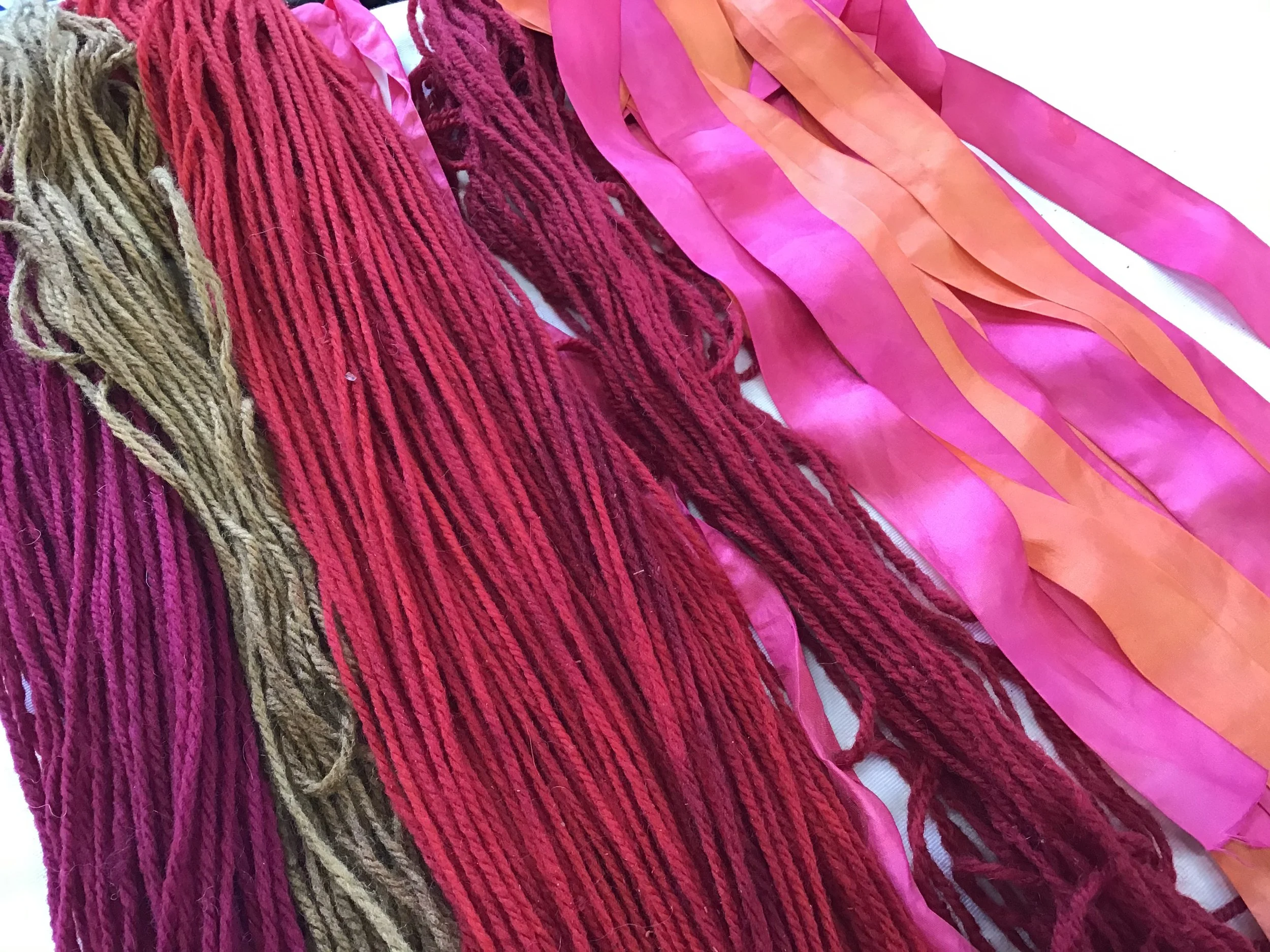 Natural Dye Workshop, 2022.  Wool and silk dyed with cochineal, black walnut, and madder root.