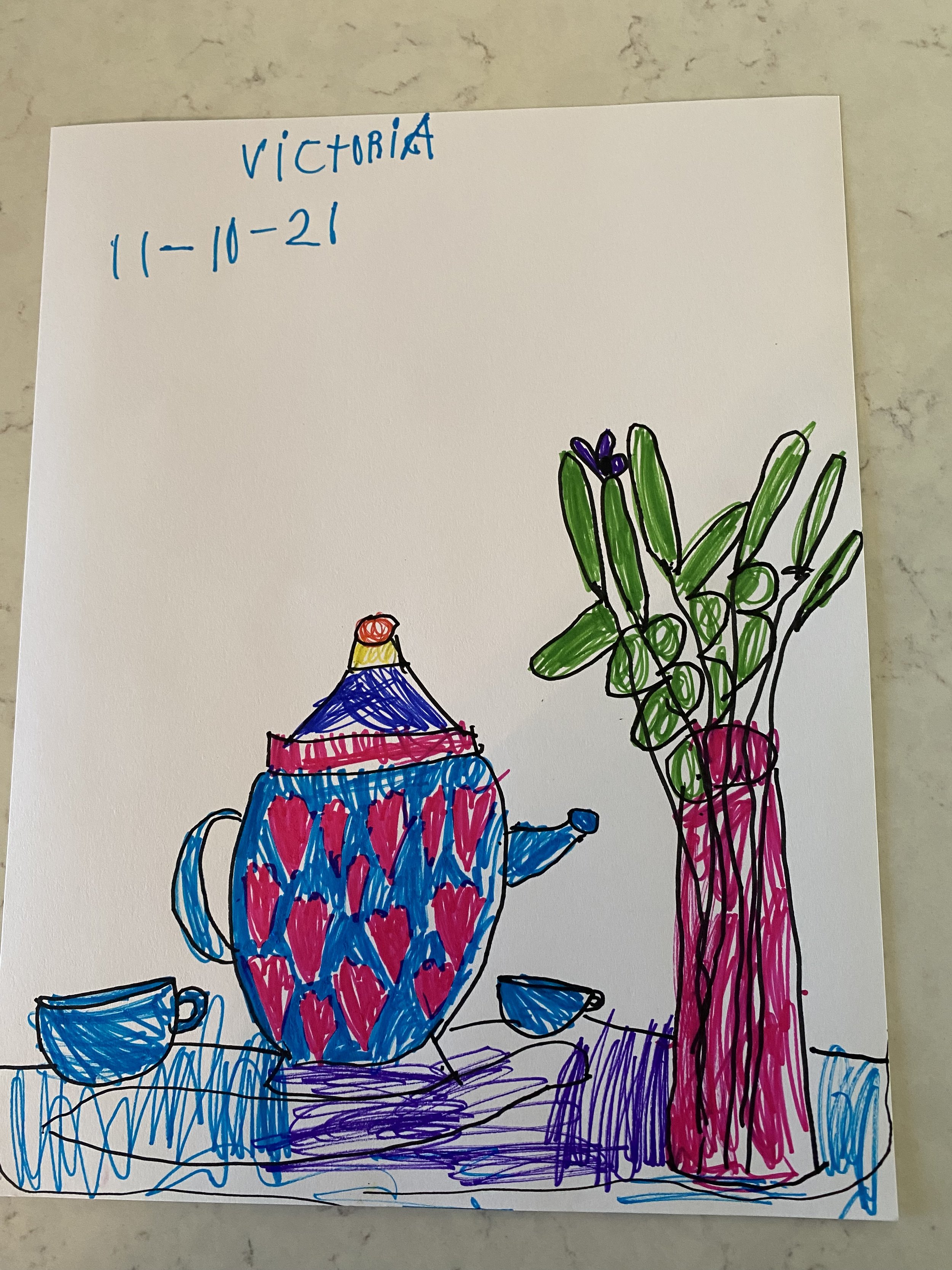 6 years old. Still life of a teapot.  Markers.  