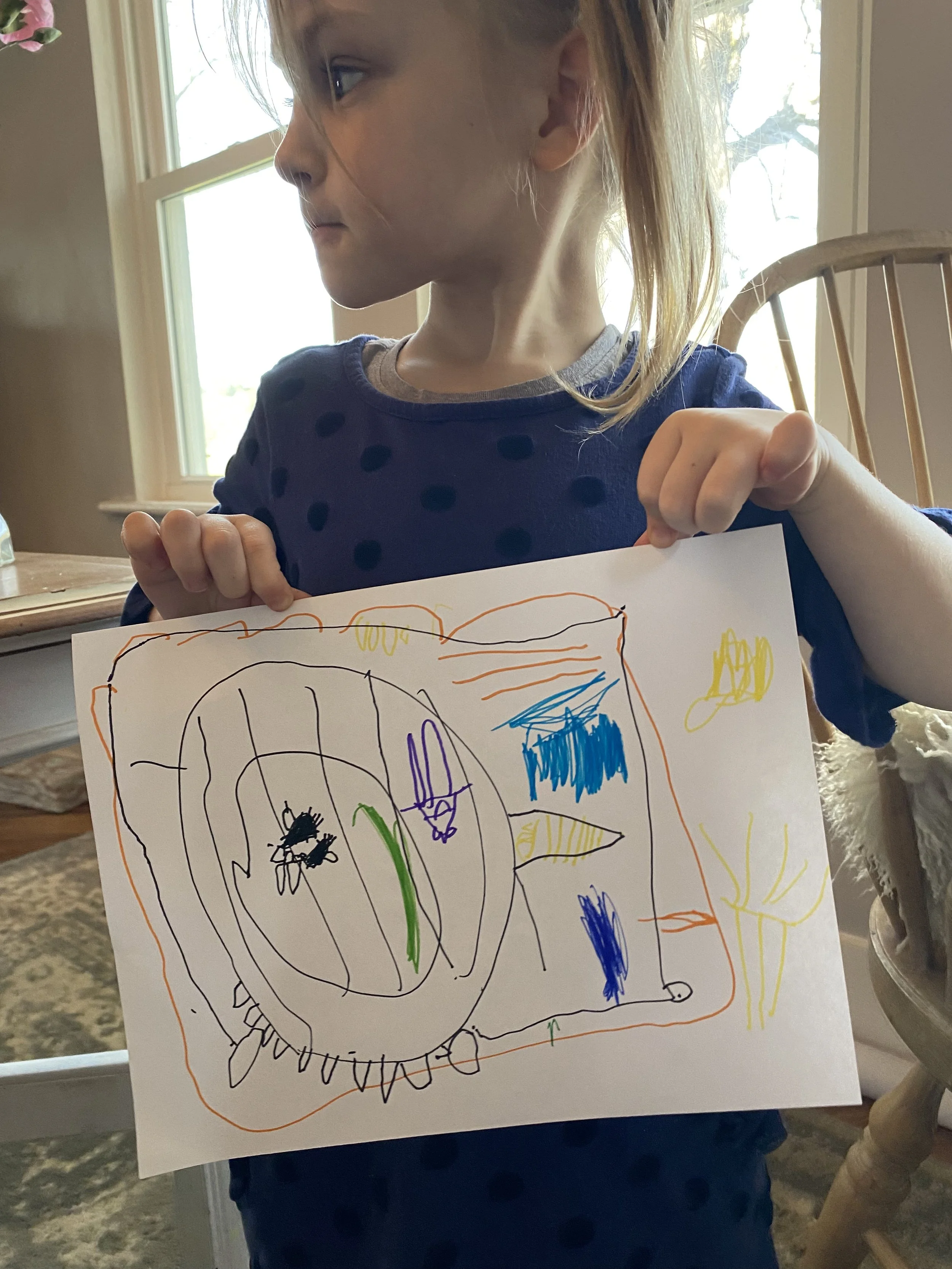 4 year old. Markers. Lion drawing lesson from Monart Method.