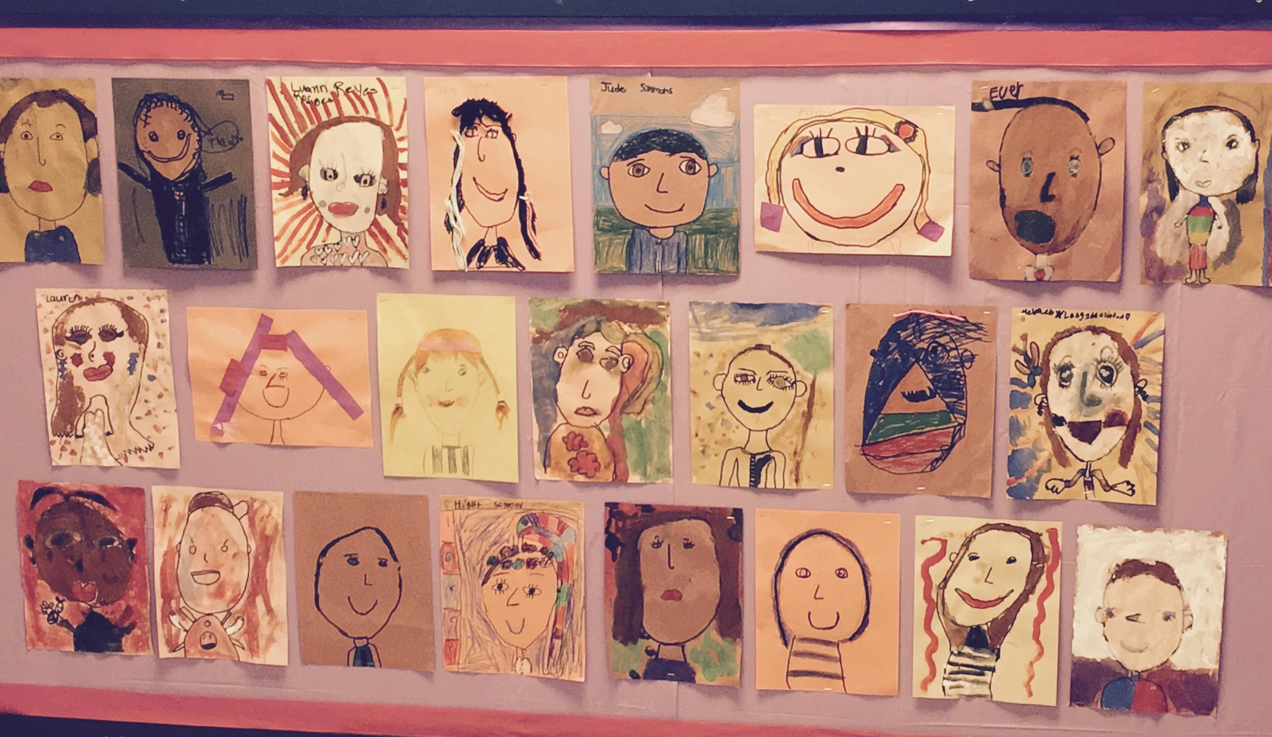 Second grade self portraits, mixed media