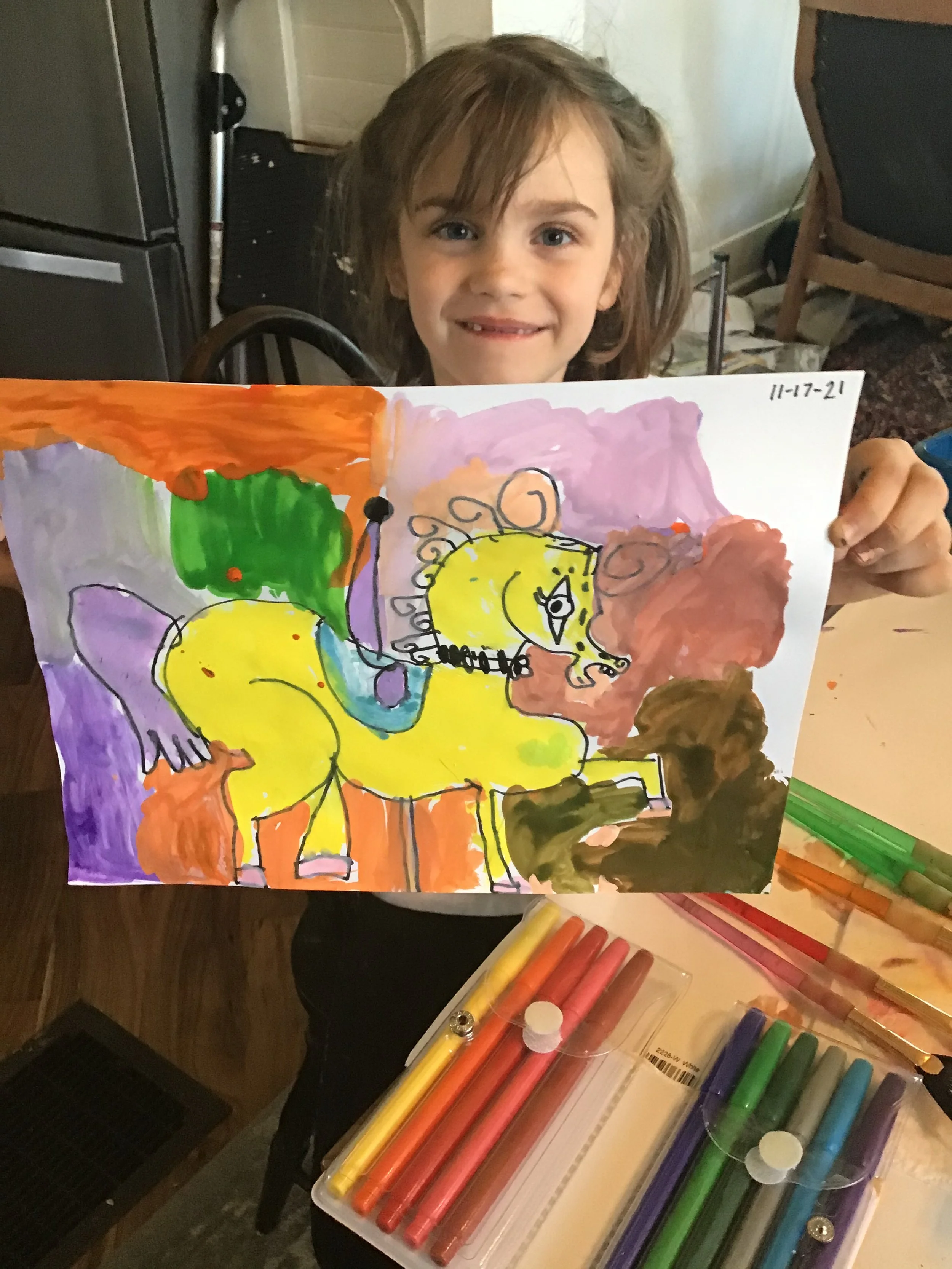 6 years old. Carousel horse, marker and tempera, Monart Method drawing lesson.