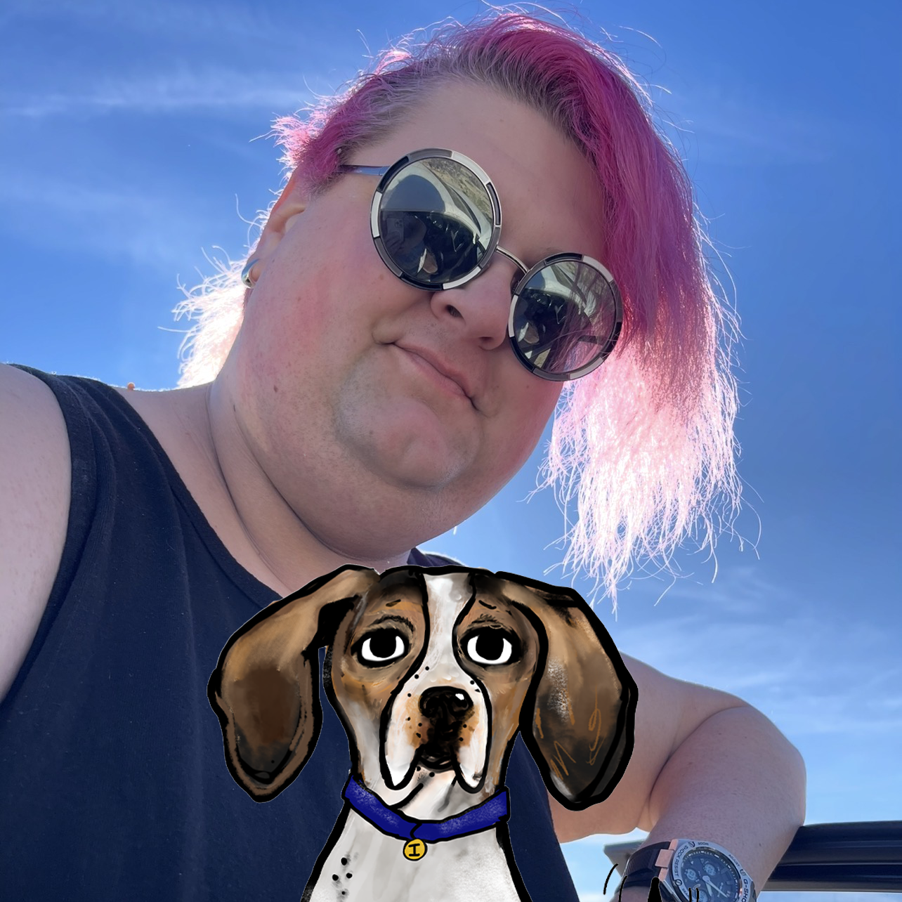 Pink haired person with round sunglasses backlit with blue sky and cartoon hand drawn dog in front
