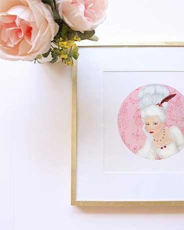 marie antoinette art print in pink and red. queen marie antoinette is covered in pearls and rubies.