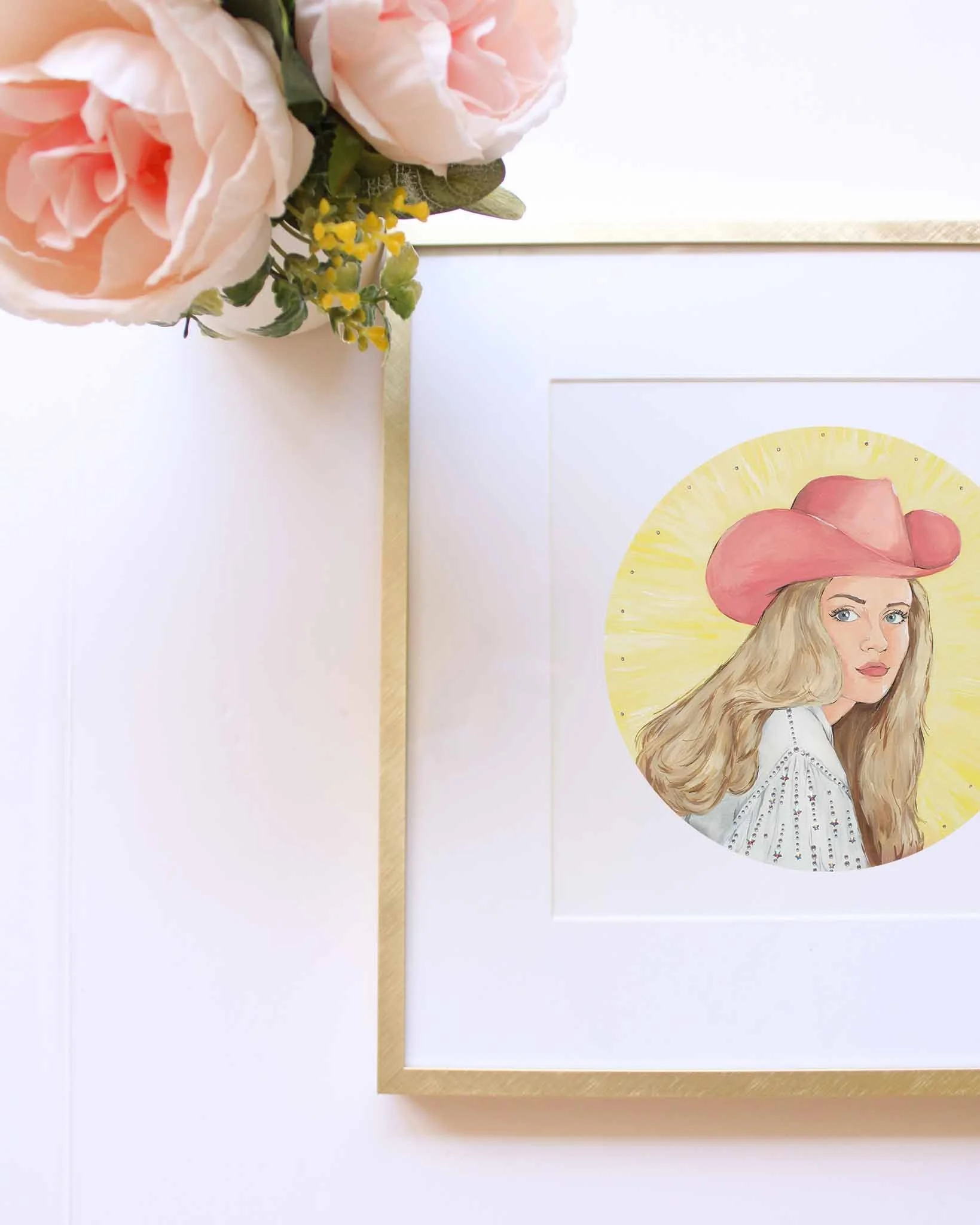 art print of a cowgirl with a pink cowboy hat on funk and fun art print. 