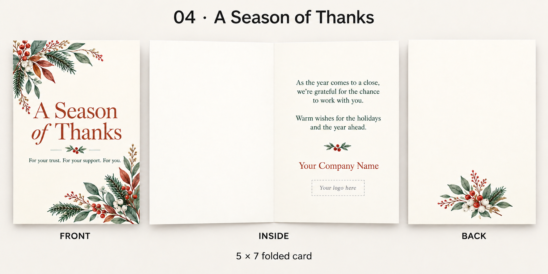 A Season of Thanks card with botanical branches and berries, showing the front, personalized inside, and back.