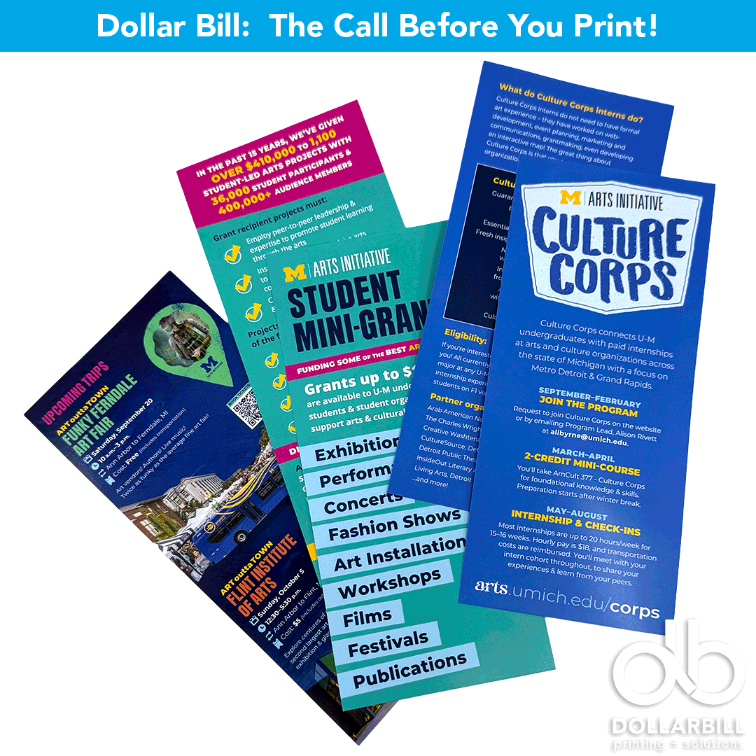 Variety of custom rack card designs printed by Dollar Bill Printing
