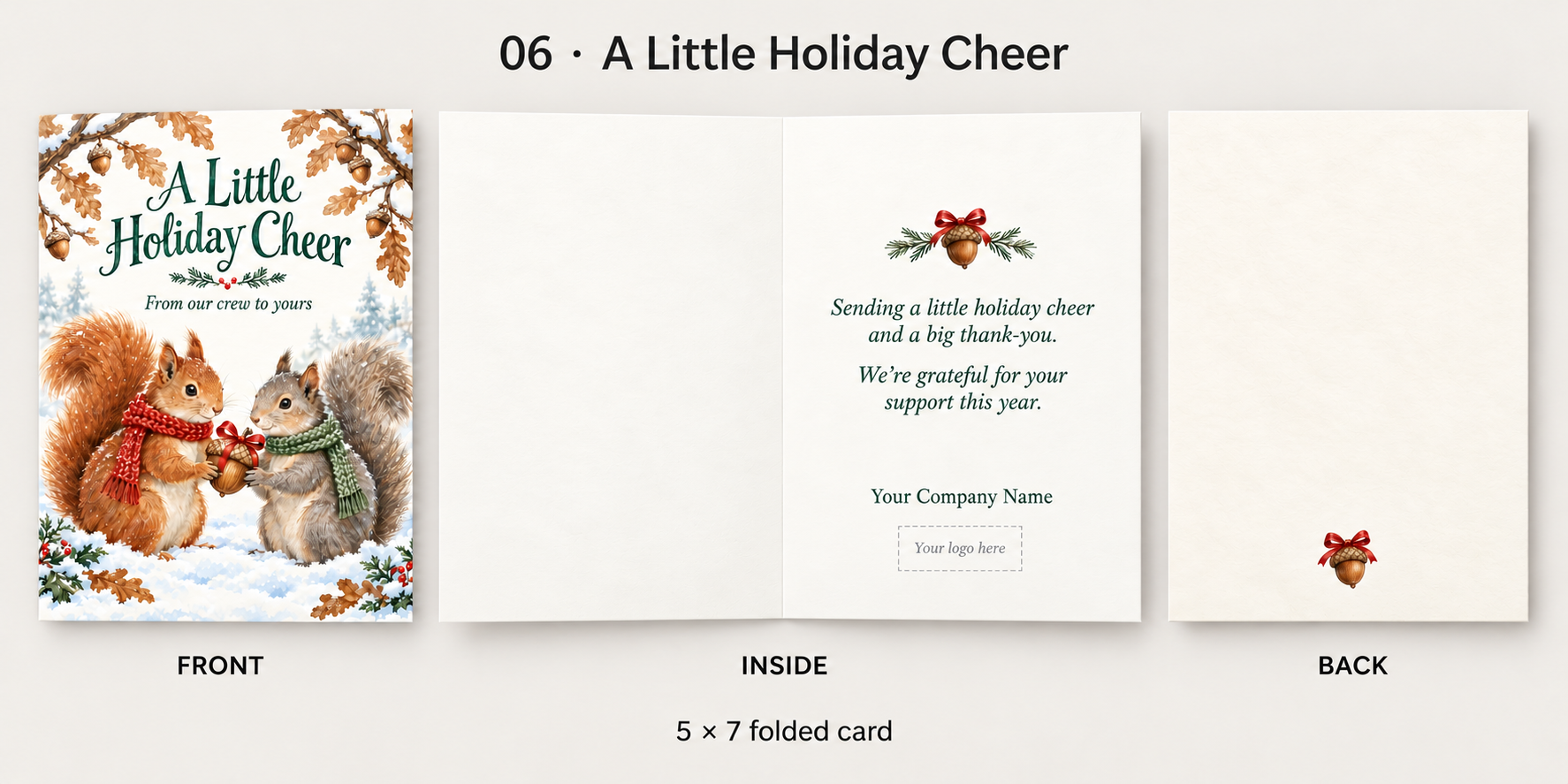 A Little Holiday Cheer card featuring two squirrels in winter scarves, showing the front, personalized inside, and back.