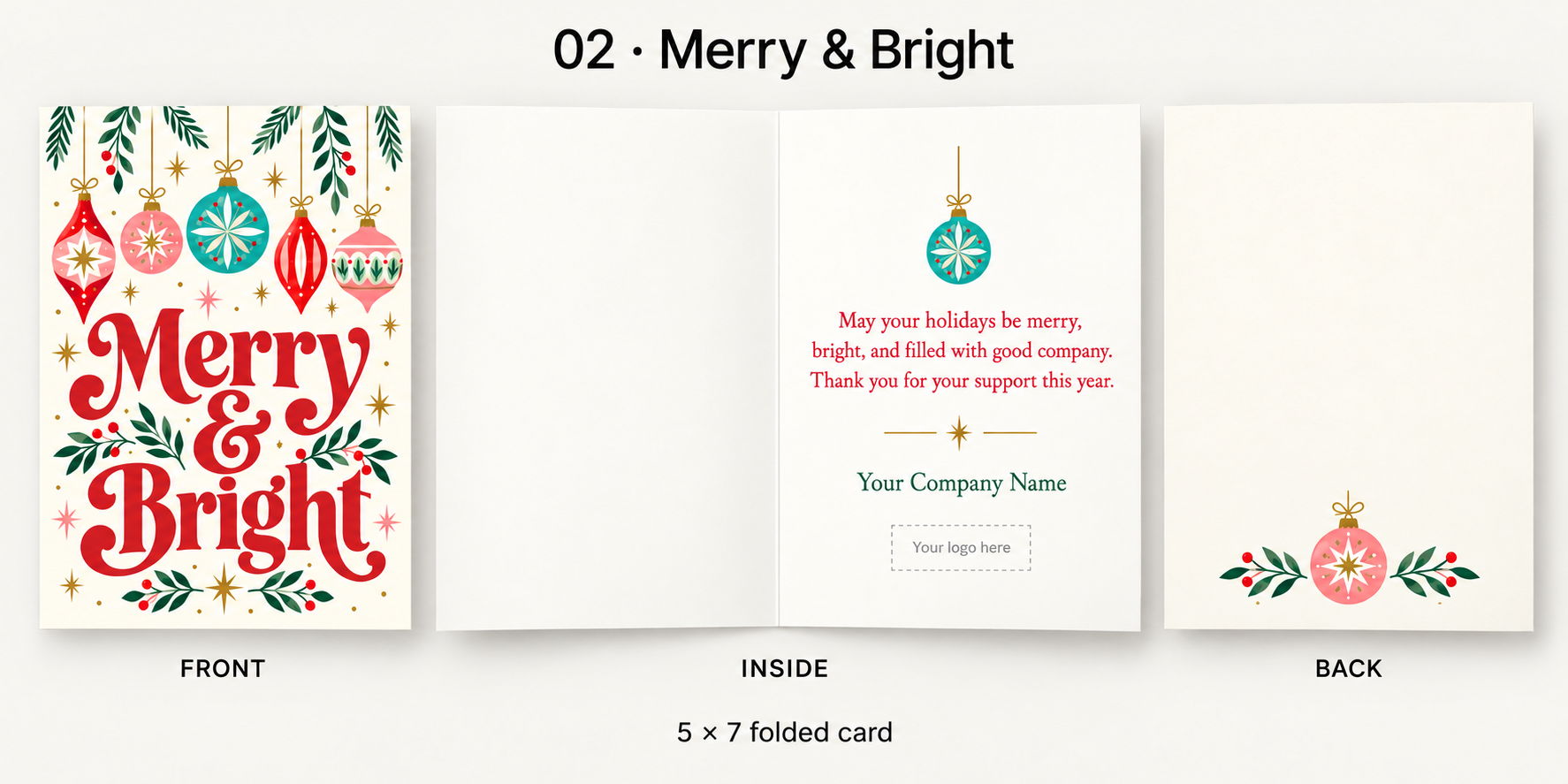 Merry and Bright holiday card with colorful hanging ornaments, showing the front, personalized inside, and back.