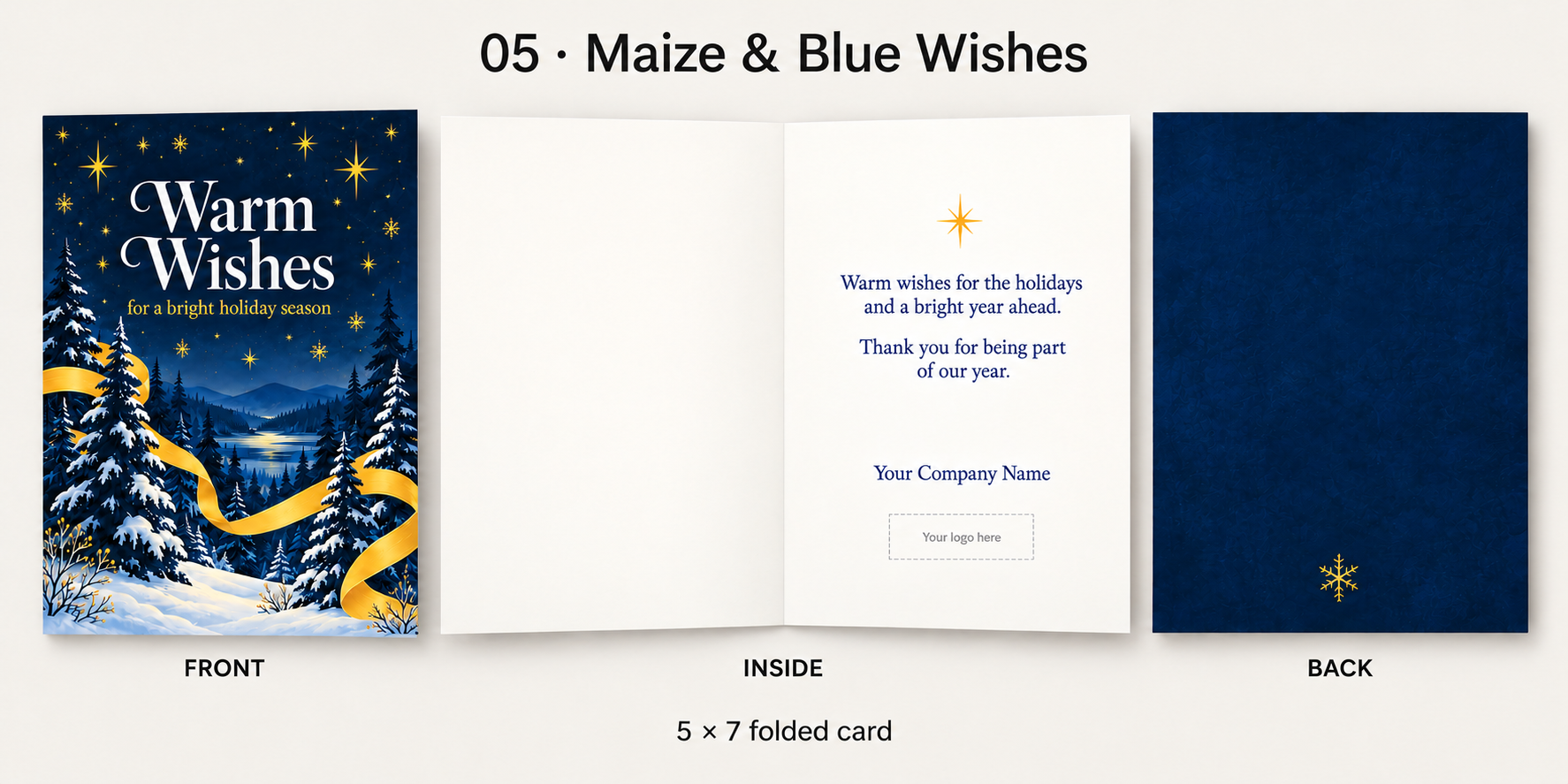Maize and blue winter card with stars, snowy trees, and a gold ribbon, showing the front, personalized inside, and back.