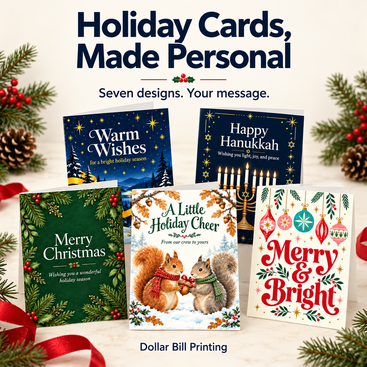 Dollar Bill Printing holiday card collection featuring Christmas, winter, squirrel, and Hanukkah designs.