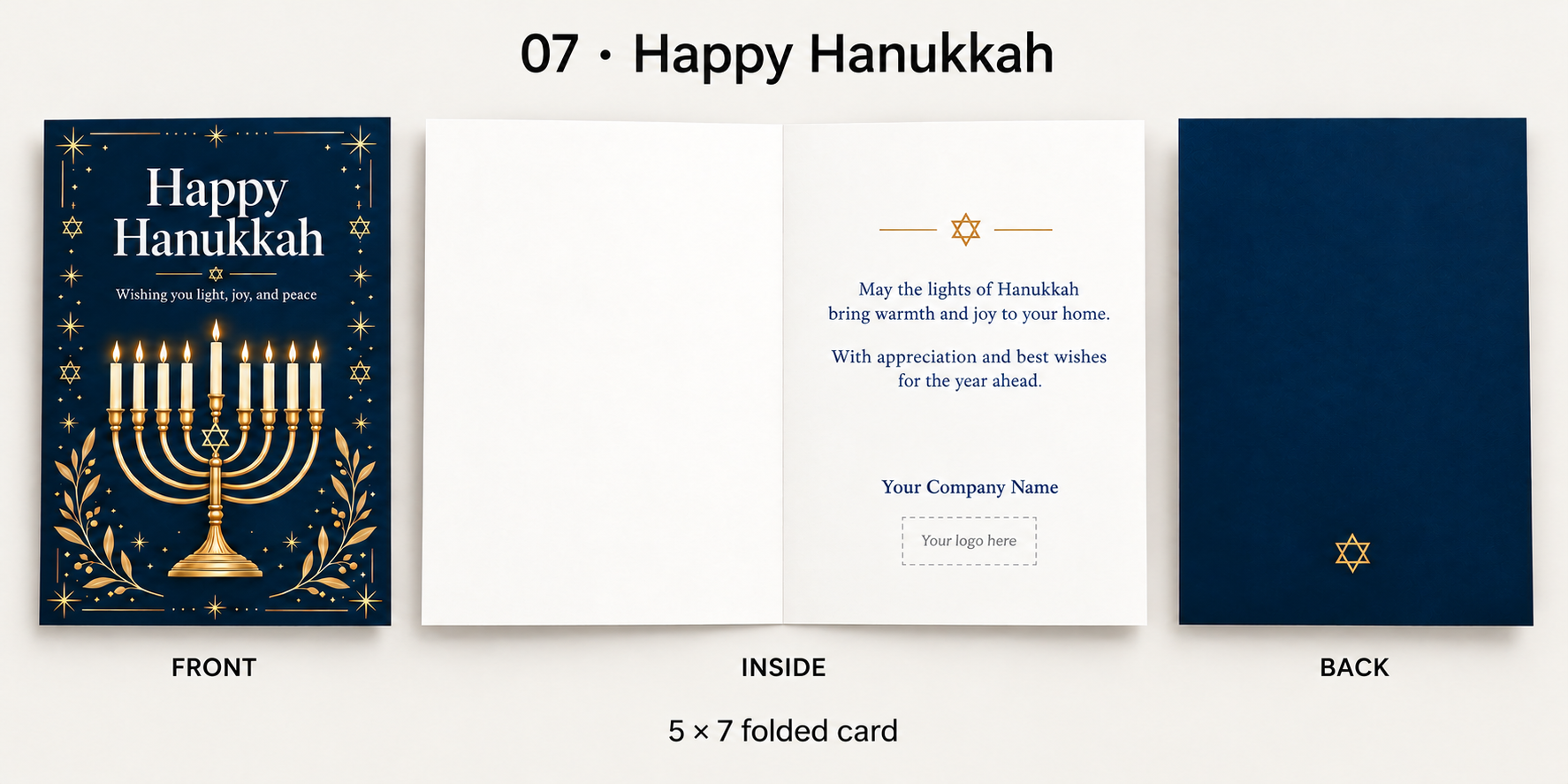 Navy and gold Happy Hanukkah card with a nine-branch menorah, showing the front, personalized inside, and back.