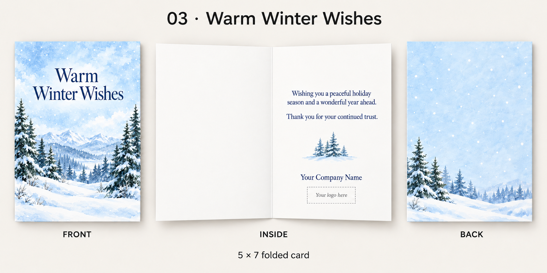 Warm Winter Wishes card with a snowy woodland landscape, showing the front, personalized inside, and back.