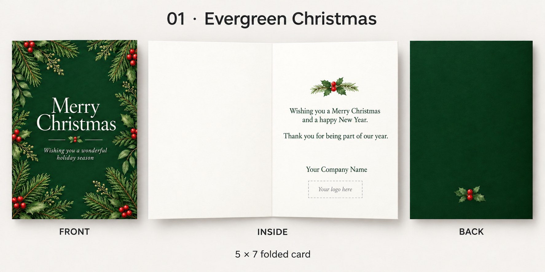 Green Christmas card with evergreen branches and berries, showing the front, personalized inside, and back.