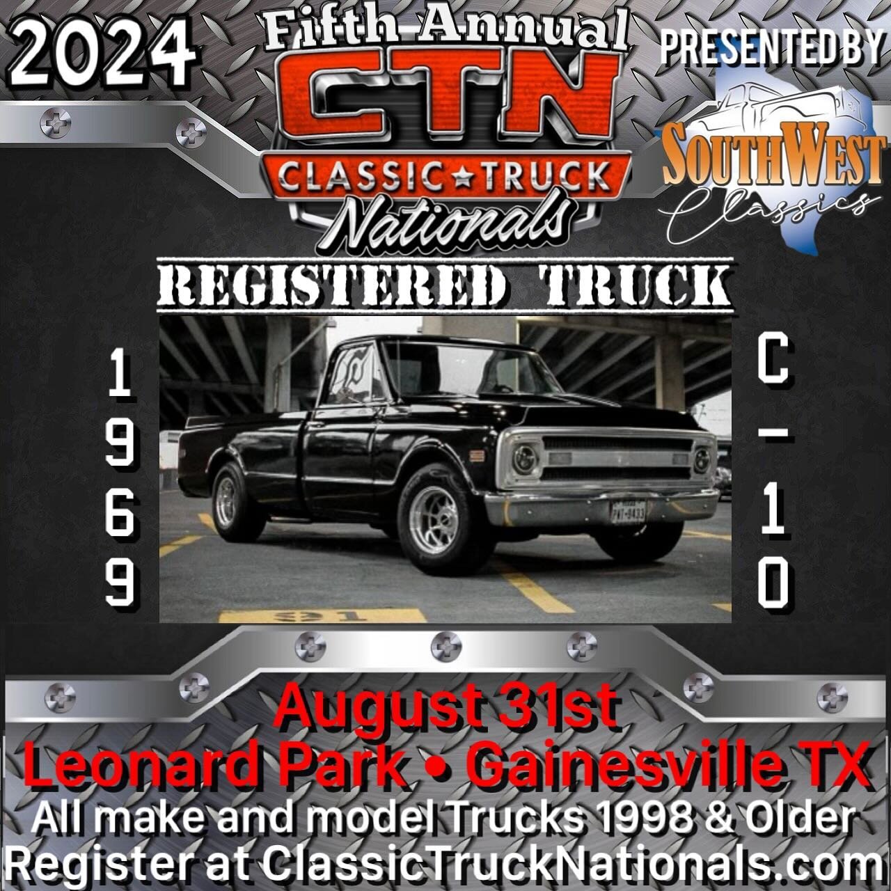 Tag the owner!
Registration is open!ClassicTruckNationals.com/2024-registration

Come by and pick up some swag at one the following events. 
Apr 6 Sanger Auto Tech Car Show Sanger TX
Apr 12- 13 Spring Southwest Swap Meet at Lone Star Park Arlington T