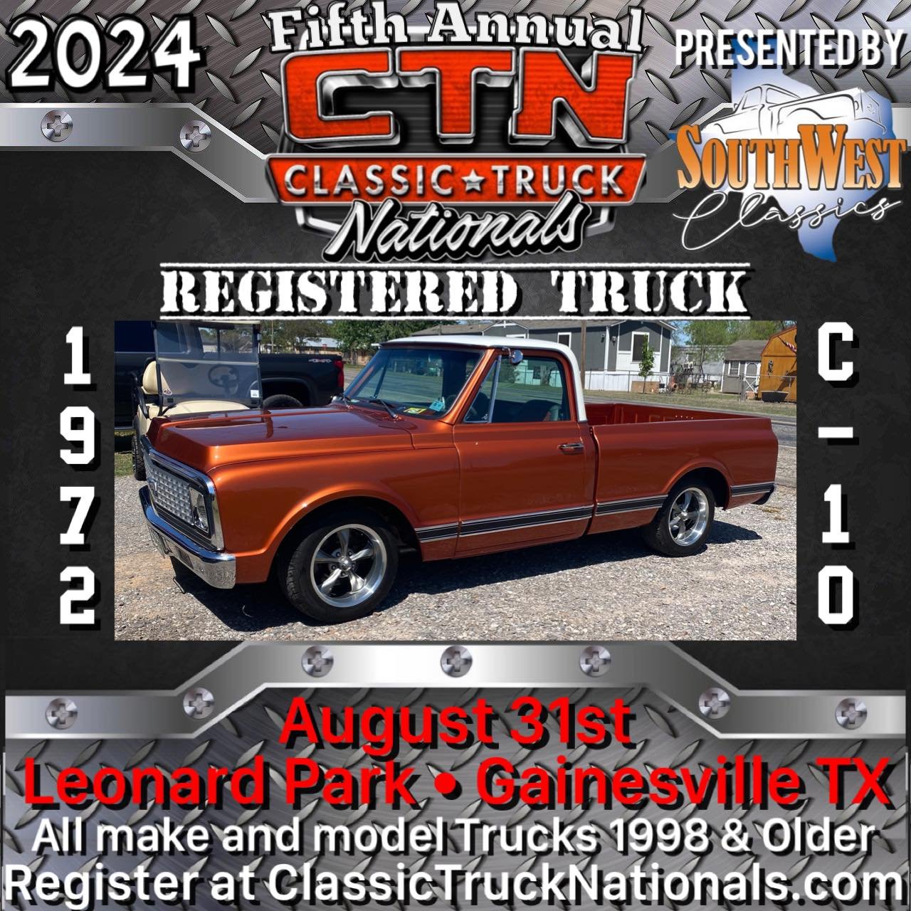 Register at ClassicTruckNationals.com/2024-registration
August 31st 2024 Leonard Park - Gainesville TX
Awards, Vendors, Food Trucks, Raffles benefiting the Gainesville Medal of Honor Host City Program, Free Onsite water park, Spectators are Free, Fre