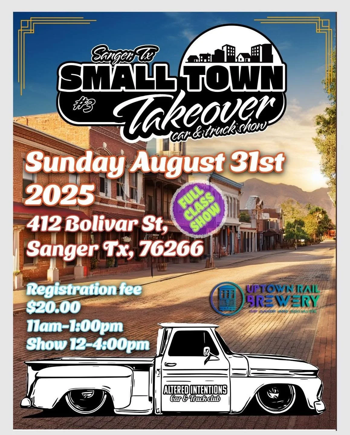 The party’s not over! Head over to Uptown Rail Brewery at 6PM for the Small Town Takeover Cruise In the come hang out with us tomorrow for another awsome show in Sanger TX!
Altered Intentions
#SmallTownTakeOver #Sanger #SangerTexas #alteredint