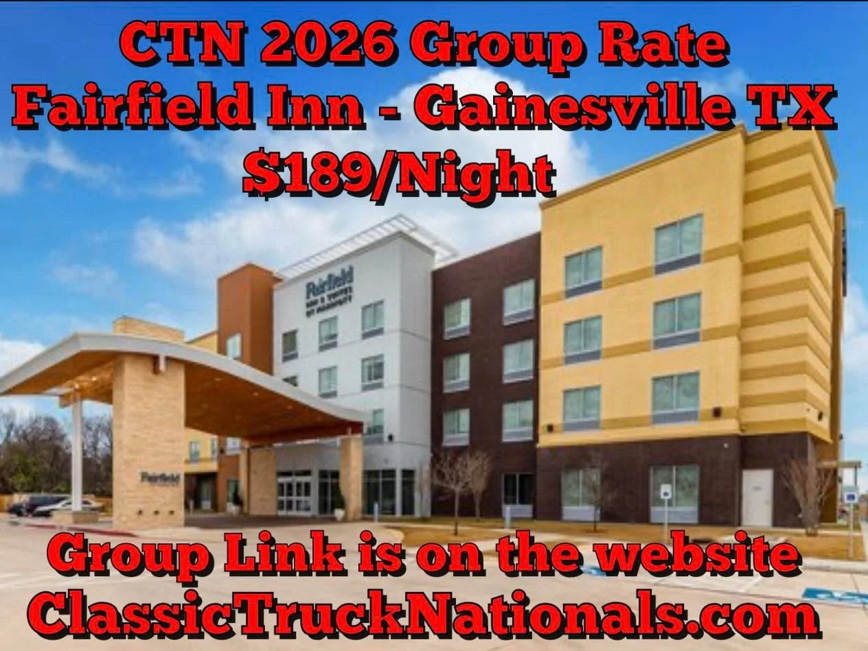 Book your hotel! They will fill up fast! We have a group rate for Fairfield Inn &amp; Suites by Marriott Gainesville, TX
Seventh Annual Classic Truck Nationals 
Presented By Red River Customs
Red River Customs Open House &amp; CTN Cruise In is Septem