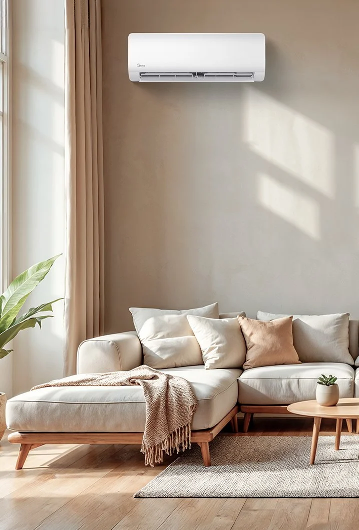 Midea wall-mounted indoor unit above a cream color couch.