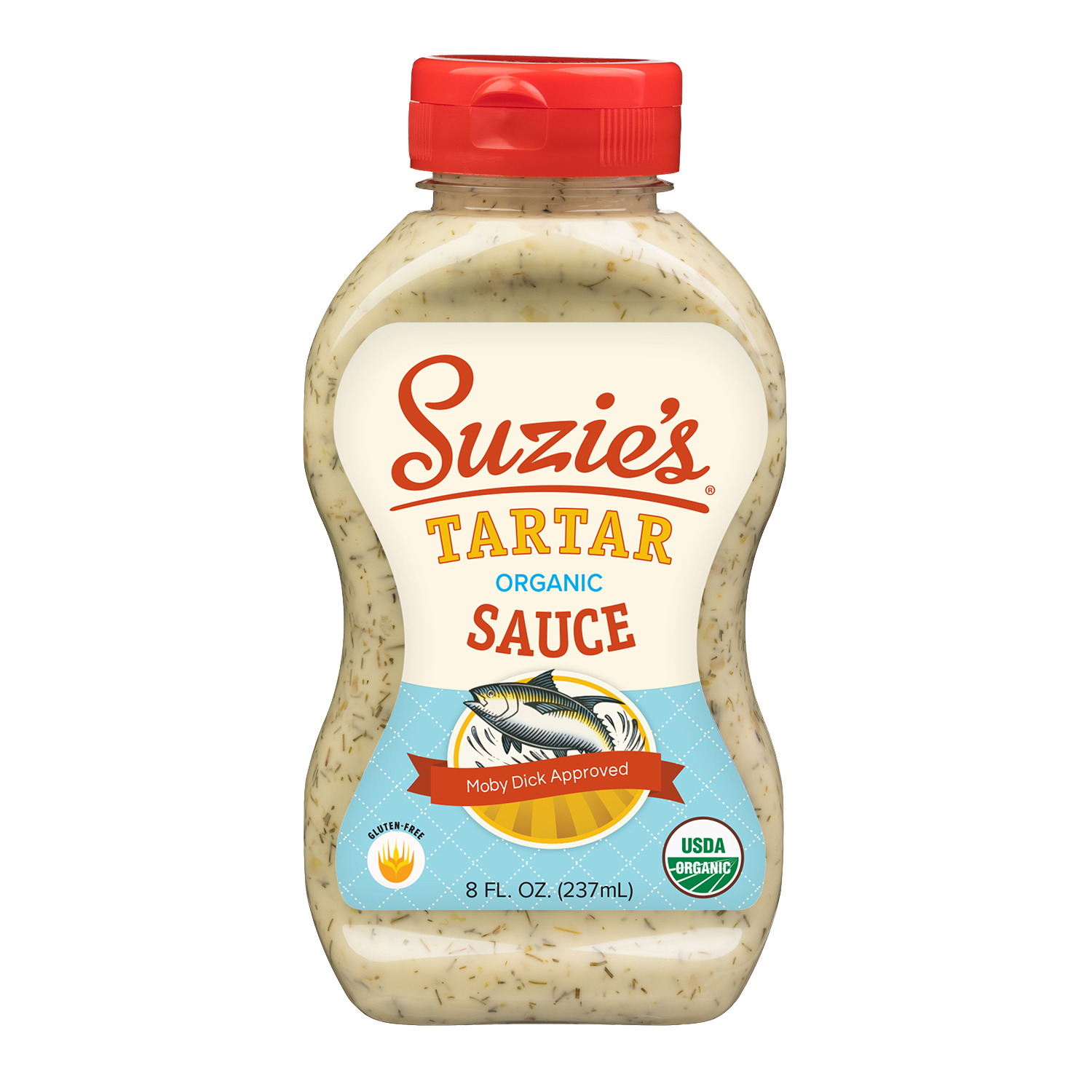 A bottle of Suzie's organic Tartaar Organic Sauce, labeled as gluten-free and USDA organic, with a red cap and a label featuring a fish illustration and badges indicating approval from Moby Dick and organic certification.