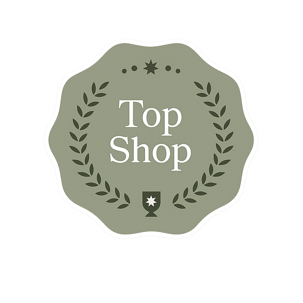 Gray badge with a laurel wreath and star insignia, featuring the text "Top Shop" in the center.