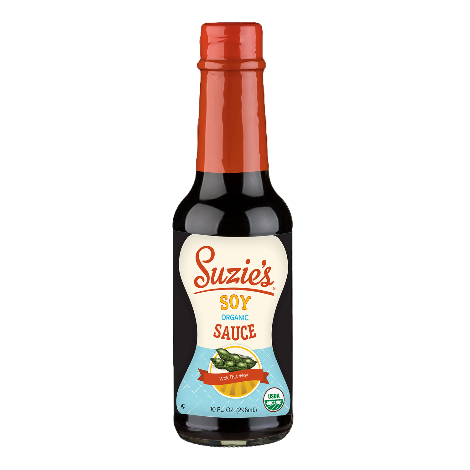 A bottle of Suzie's Soy Organic Sauce with a red cap and label featuring green soybeans and a lemon slice, US Organic certification, 10 fluid ounces.