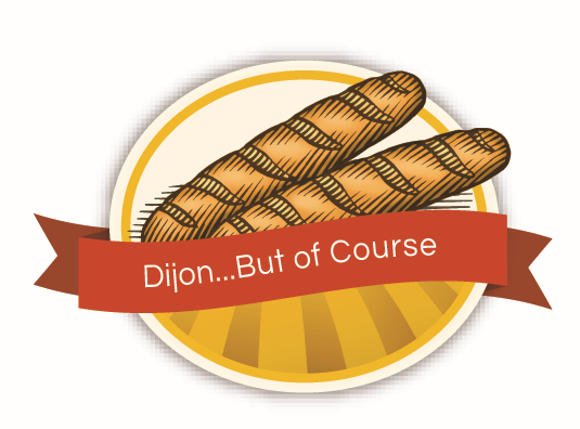 Illustration of two grilled sausages on a plate with a red banner that says 'Dijon..But of Course'.