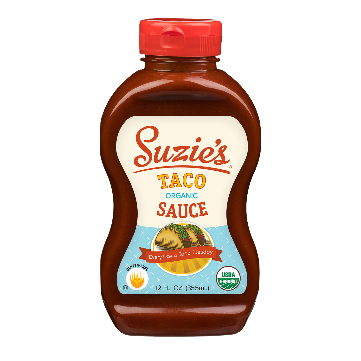 Bottle of Suzies Taco Organic Sauce with a red cap, featuring labels indicating it's gluten-free and organic, with a taco graphic and the tagline 'Every Day Is Taco Tuesday'.