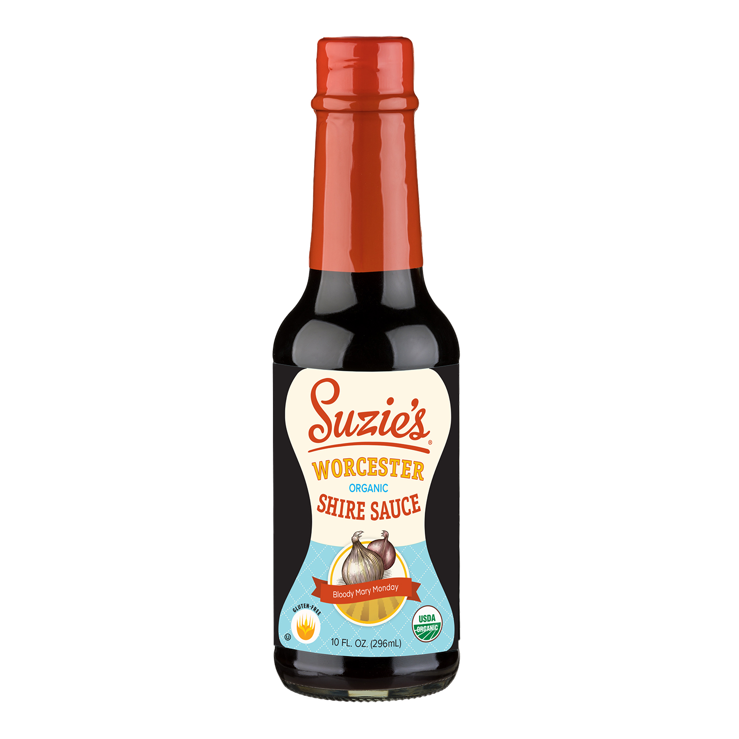 Bottle of Suzie's organic Worcestershire Organic  Sauce with garlic illustrations on the label.