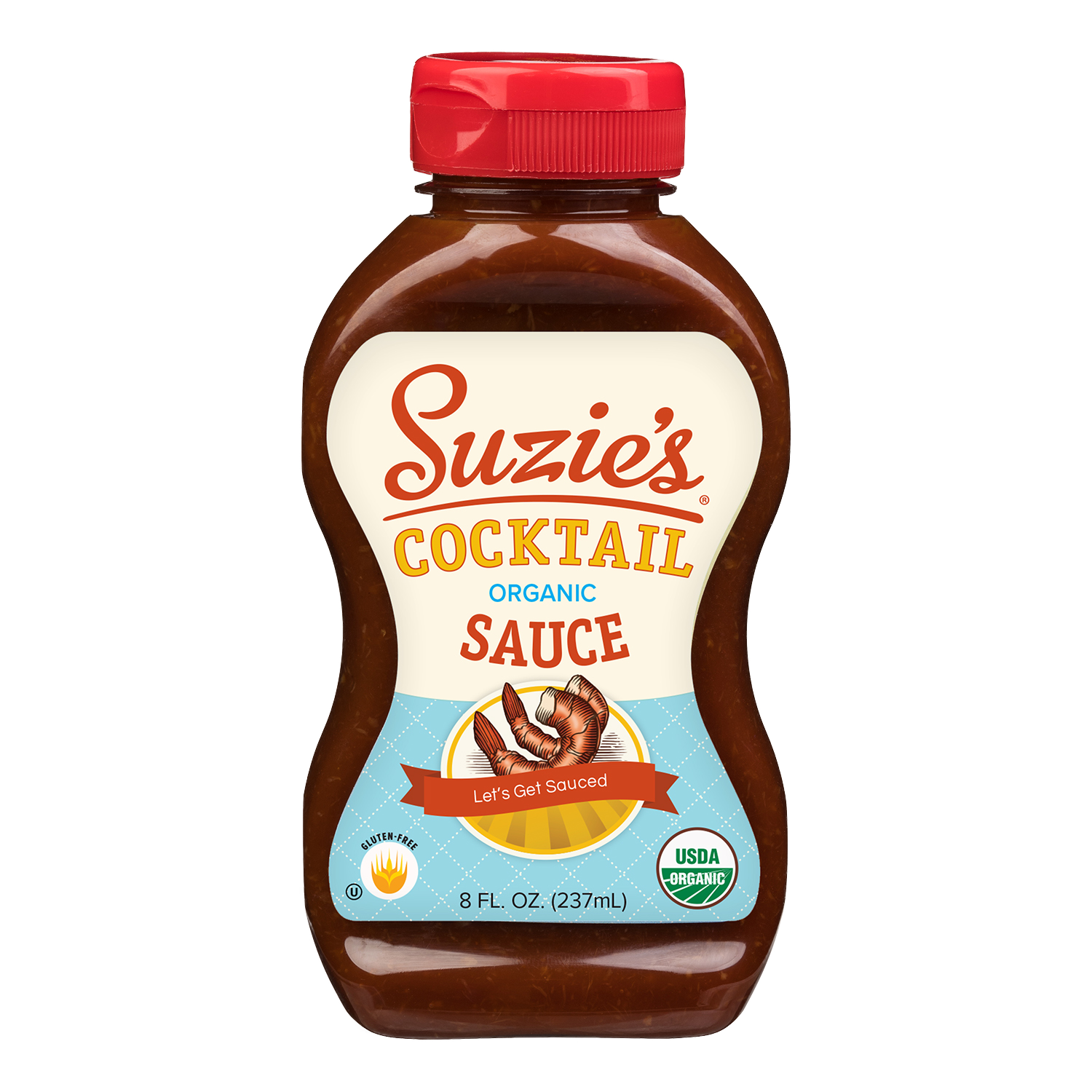 A bottle of Suzie's Cocktail Organic Sauce with a red cap, label indicating gluten-free and USDA organic, with a picture of shrimp and slices of pepper.