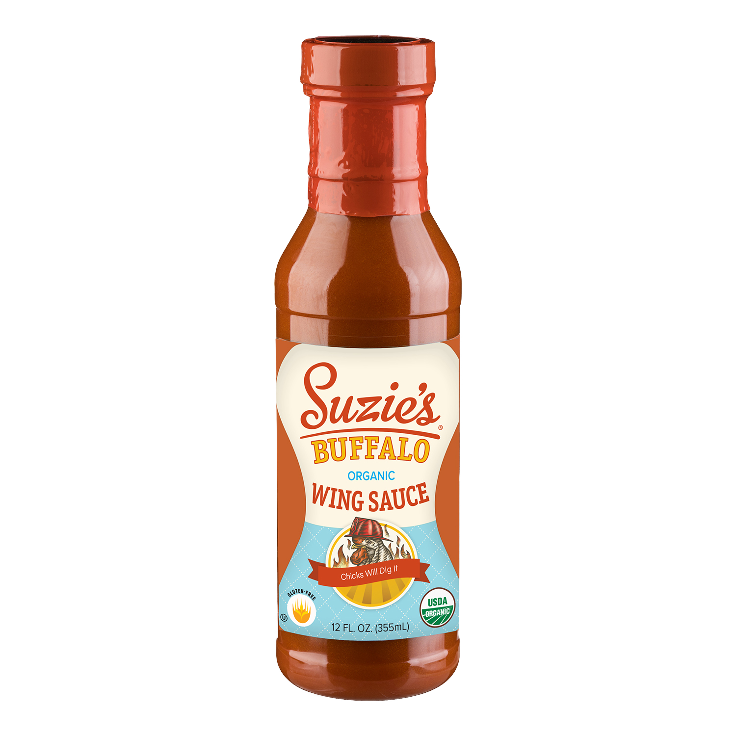 A bottle of Suzie's Buffalo Organic Wing Sauce with a brown cap and label, featuring buffalo and chicken graphics, USDA organic and gluten-free certifications.