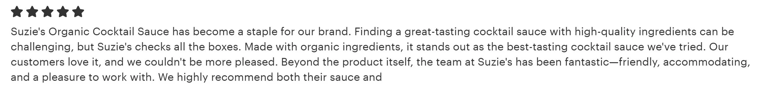 Customer review for Suzie's Organic Cocktail Sauce with a 5-star rating.