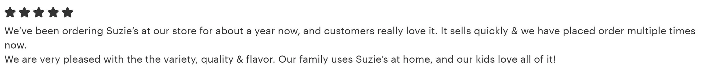 testimonials section with five-star rating and customer reviews about Suzie's product, mentioning great sales, good quality, and family use