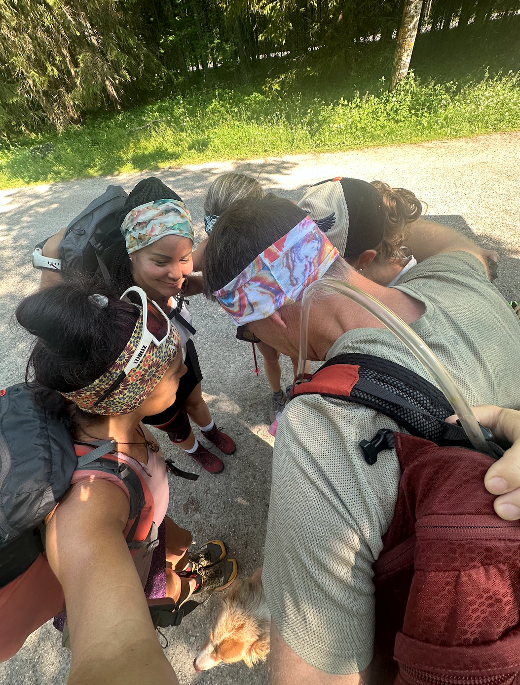 Group of five hikers and a dog huddled together in a circle outdoors on a trail, surrounded by trees and greenery.