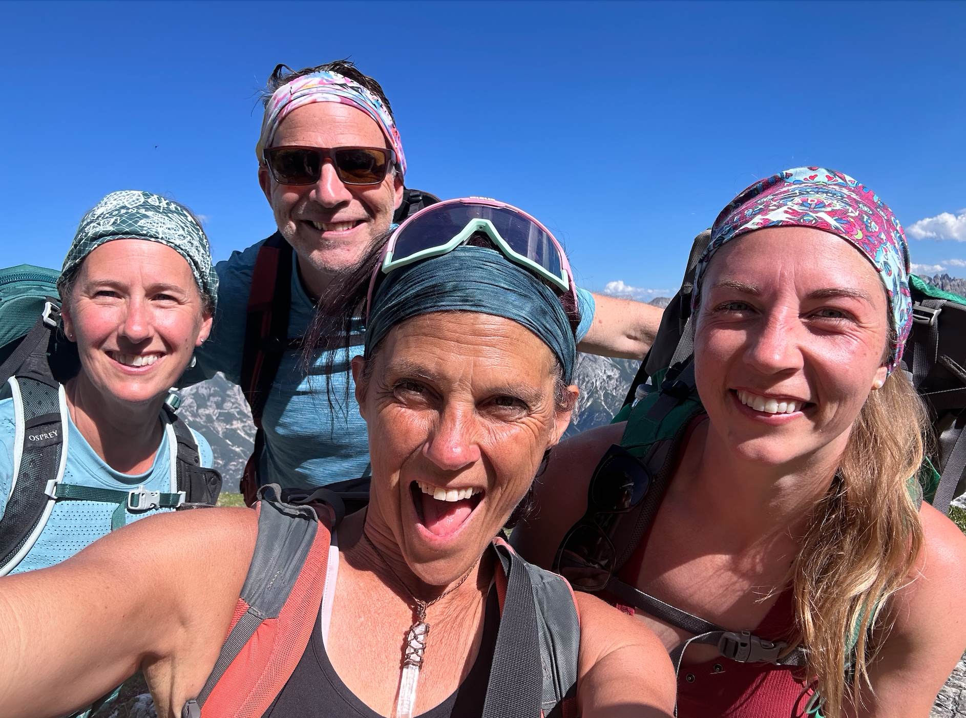 Group of five hikers wearing backpacks and hiking gear smiling in a mountain landscape with a clear blue sky.