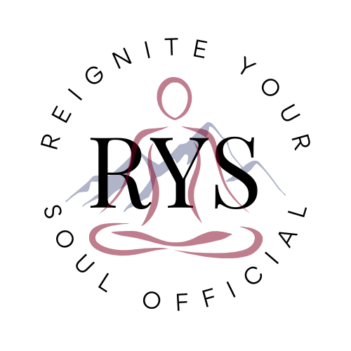 Logo with the words "Reignite Your Soul Official" encircling a stylized silhouette of a person in a yoga pose with mountains in the background.
