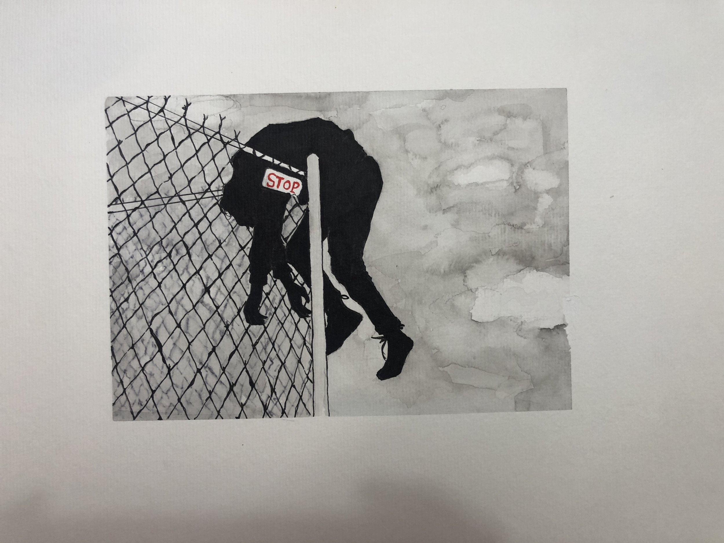 Tired, 2020, ink and watercolor on paper.