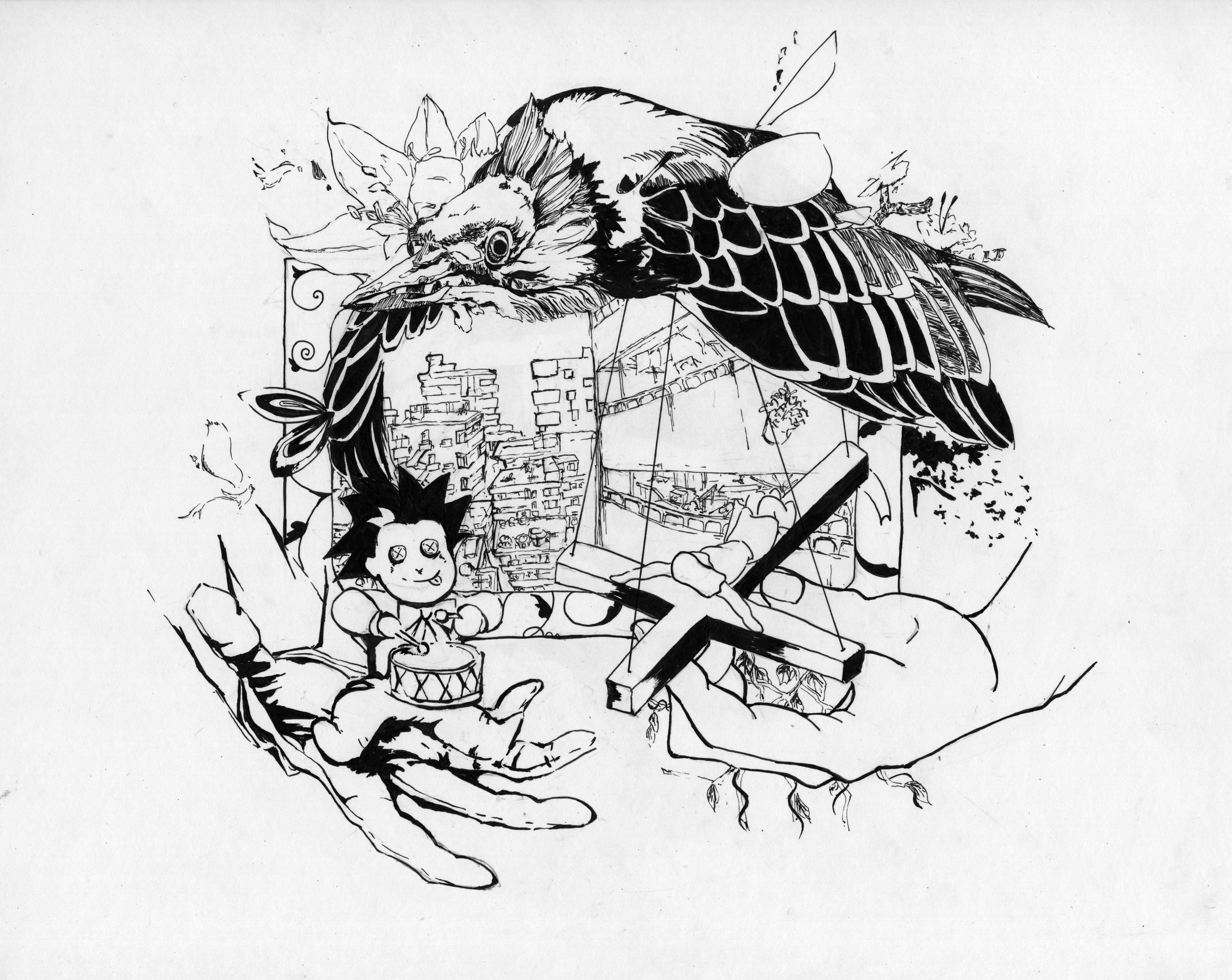 Cross and Crow, 2018, Ink on paper.