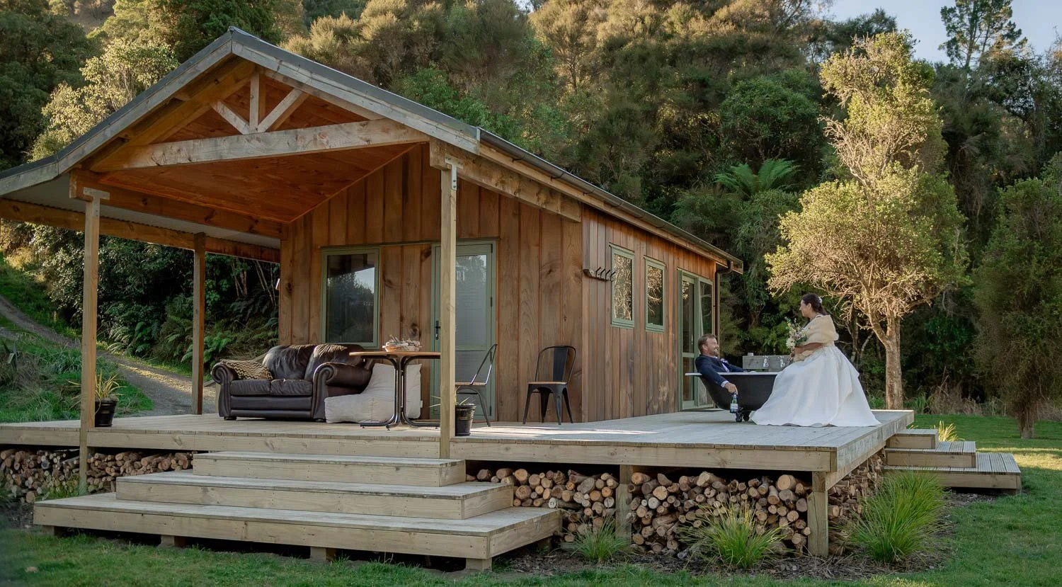 Bride and groom enjoying onsite accommodation for their wedding at Makoura Lodge