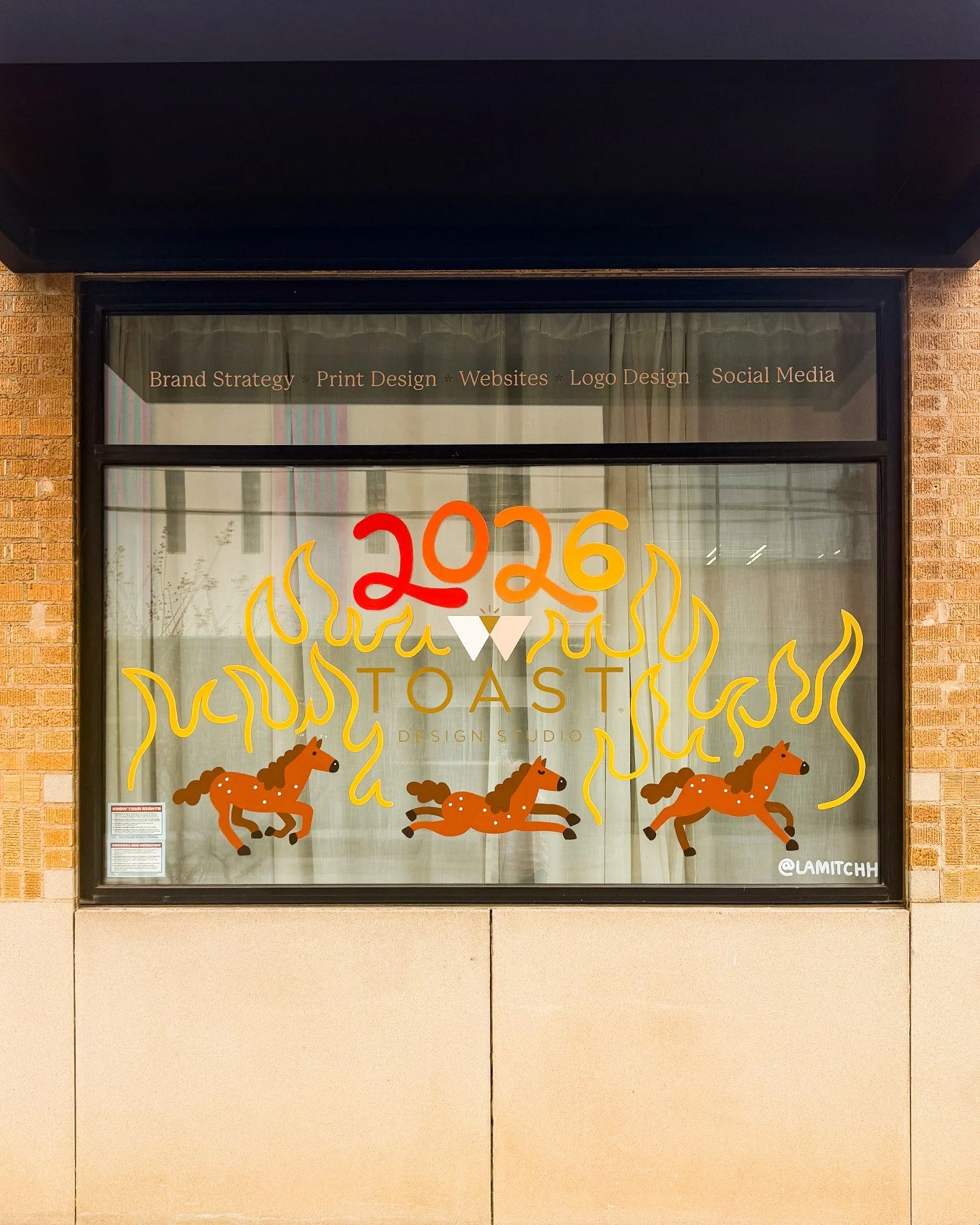 We're welcoming the Year of the Fire Horse at our studio with a new window design from @lamitchh! 🐎🔥 Wishing everyone joy and good fortune in 2026. ✨Happy Lunar New Year from all of us at Toast Design Studio!