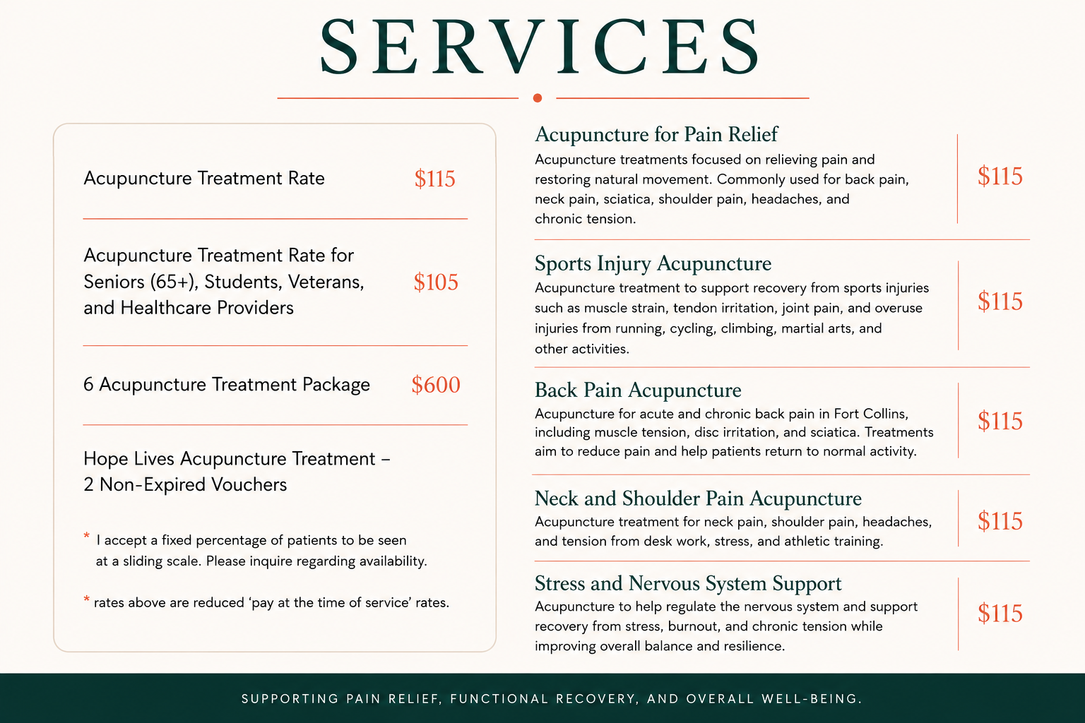 A digital flyer listing acupuncture services and prices. Services include treatments for pain relief, sports injury, back pain, neck and shoulder pain, and stress and nervous system support. Prices range from $105 for seniors, students, veterans, and healthcare providers to $600 for a 6-treatment package, with most individual treatments priced at $115.