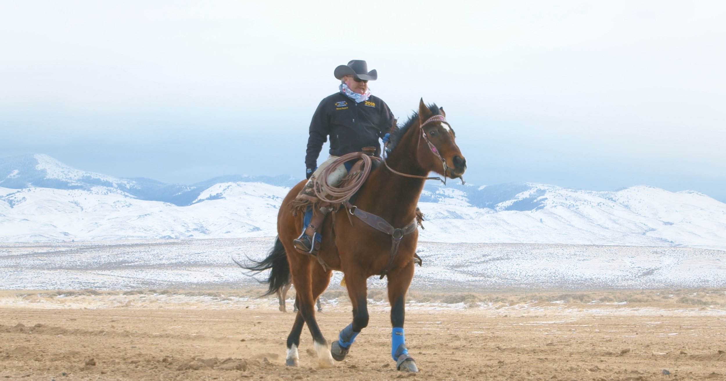 Cowboy riding a horse in snowy landscape with mountains in background.