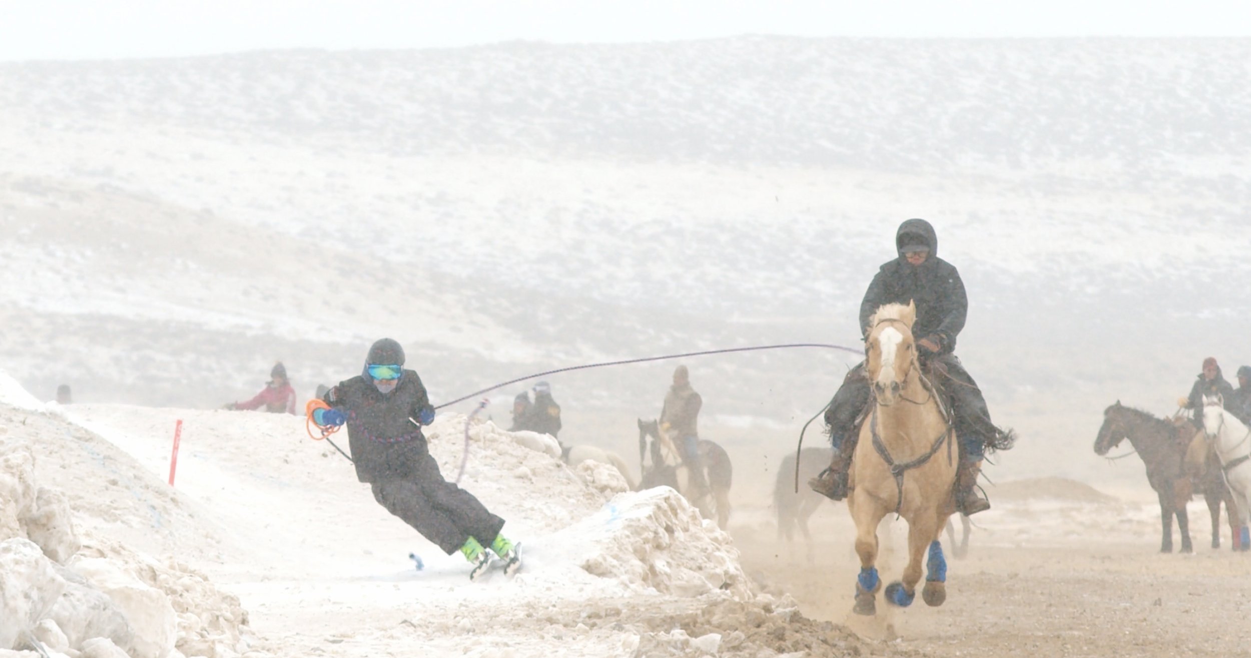 Skijoring: skier being pulled by a horse in snowy terrain with other horses and riders in the background.
