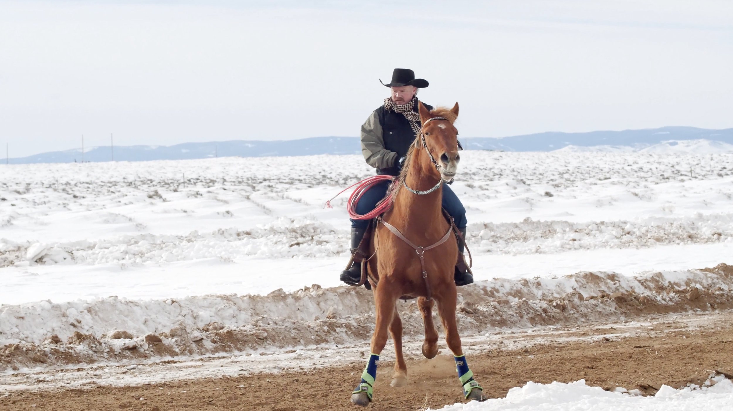 Cowboy riding a horse in a snowy landscape with mountains in the background.